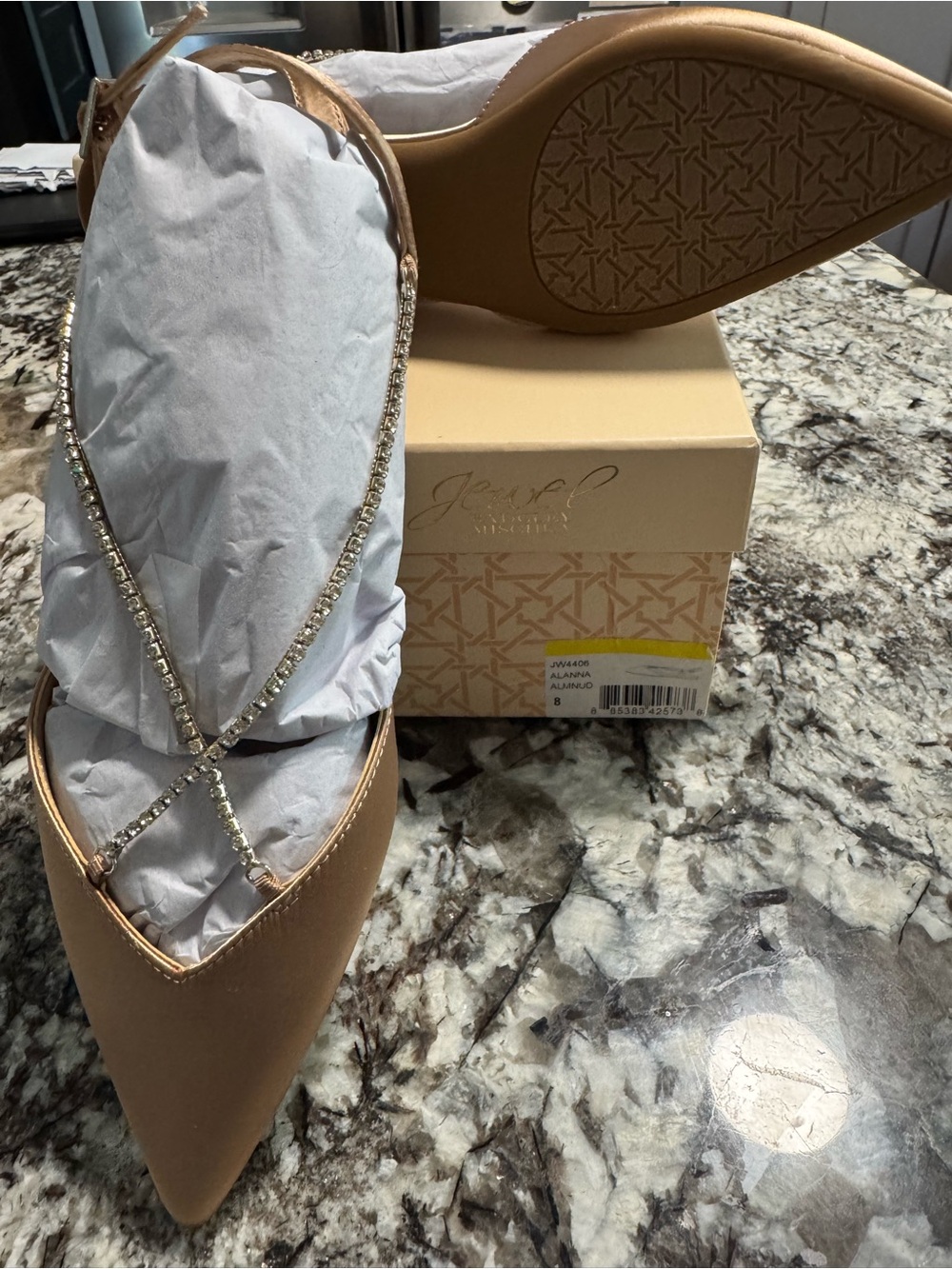 Badgley Mischka Nude Pointed Toe Flats with Crystal Cross Straps